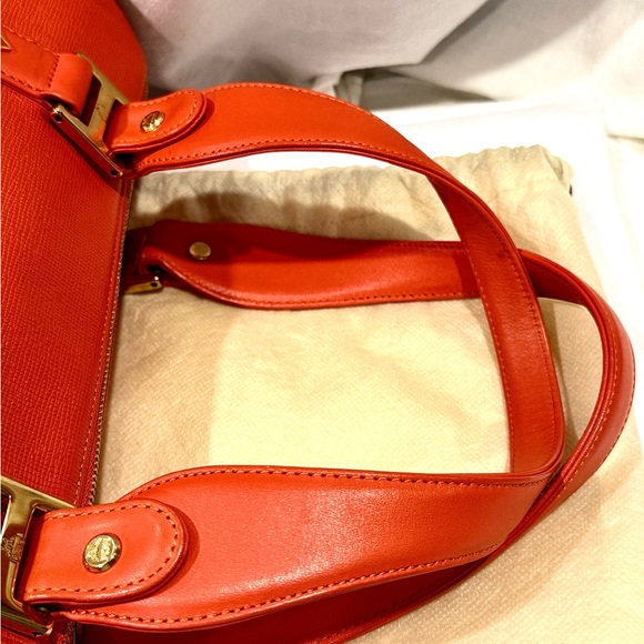MCM Tangerine Pebbled Leather Satchel With Striking Gold Accents - Picture 11 of 12